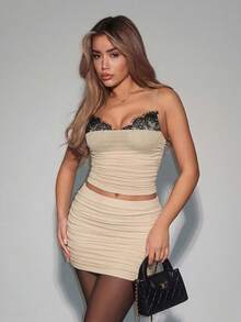 SHEIN ICON Bộ đồ hai mảnh gợi cảm dành cho nữ: áo hai dây và chân váy ngắn phối ren tương phản. - Màu be - Xem 5