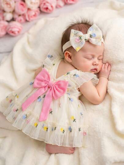 SHEIN New Born Baby Girl Cute Organza Floral Pattern Ruffled Sleeveless Dress For Summer