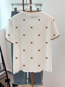 Resyla Women's Heart & Polka Dot Contrast Color Shell Embroidery Round Neck T-Shirt - White - View 2
