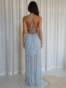 Aloruh Vestido largo con textura, escote en la espalda y recortes, elegante y sexy para vacaciones, de estilo minimalista casual - Azul - Ver 3