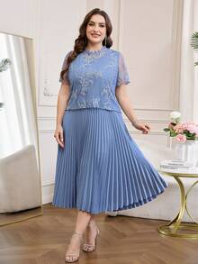 Reflora Abito da donna taglie forti con ricamo floreale plissettato casual per feste, abito estivo, abito per festival, abito da ospite di matrimonio, abito da laurea, abito da ballo elegante - Blu - Visualizzare 5