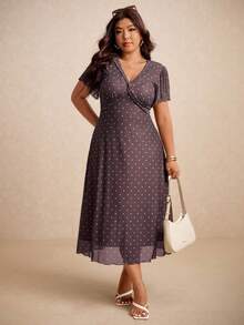 Elaquor Plus Size Summer Retro Minimalist Romantic Twist V-Neck Polka Dot Dress For Women - Multicolor - View 4