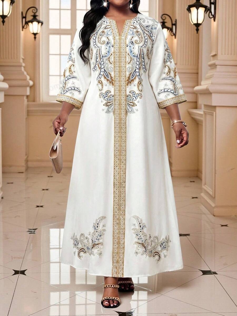 Plus Size Women's Spring/Autumn Modest Elegant Resort Style Paisley Print Notched Neck 3/4 Sleeve Loose Dress Latest Dress Style For Women New Dress Design - Multicolor - View 1