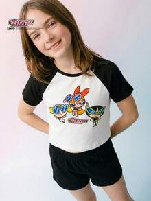 THE POWERPUFF GIRLS X SHEIN Maija Kids 1件少女休闲卡通图案撞色插肩袖T恤，适合夏季穿着 - 彩色 - 查看 5