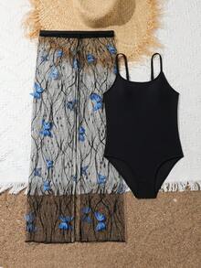 Baju Renang Terusan Polos untuk Anak Perempuan Remaja dengan Atasan dan Celana Berbahan Jala Motif Kupu-kupu 3D untuk Liburan Pantai - Hitam - View 4