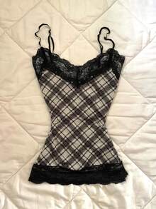 Glimmora Áo camisole ôm dáng mỏng, họa tiết kẻ caro phối ren kiểu Y2K dành cho nữ, mùa hè, thiên niên kỷ mới. - màu đen - Xem 1