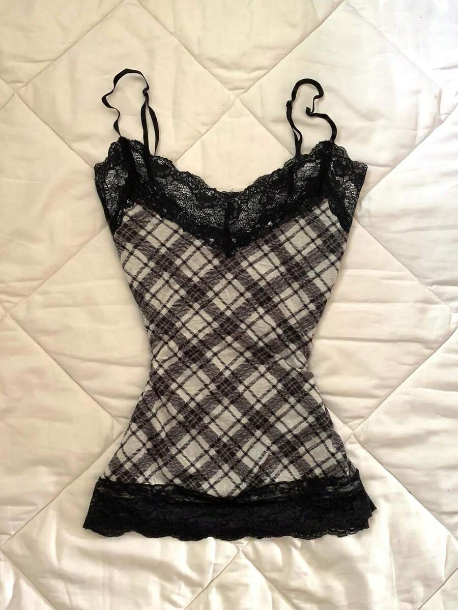 Glimmora Áo camisole ôm dáng mỏng, họa tiết kẻ caro phối ren kiểu Y2K dành cho nữ, mùa hè, thiên niên kỷ mới. - màu đen - Xem 1