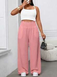 SHEIN LUNE CURVE Pantalones casuales sueltos de gasa de unicolor para mujer talla grande, primavera/verano, con cintura elástica y bajo acampanado, adecuados para el trabajo y el uso diario - Rosa - Ver 7