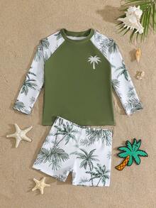 SHEIN Young Boys Swimwear,White & Green Palm Tree Print Long Sleeve Rash Guard Top & Swim Trunks Set,Summer Beach Holiday Hawaiian Style Pool Surfing - Green - View 7