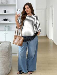 SHEIN LUNE Plus Size Women Black And White Stripe Round Neck Casual Short Sleeve T-Shirt Clothes For Ladies Top Clothing New Arrivals Day Summer Travel - Black and White - View 7