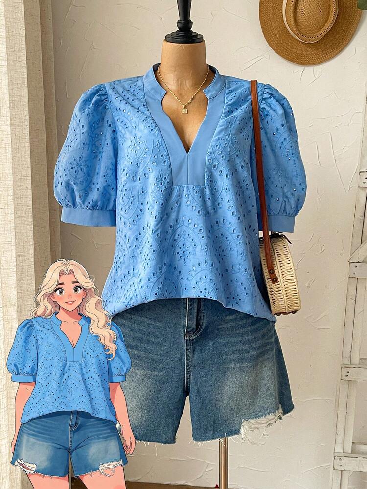 Plus Size Women's Fashionable Elegant Mesh Embroidered Short Sleeve Blouse Beach Outfits Summer Outfit For Women Summer Outfits