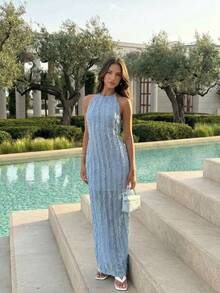 Aloruh Vestido largo con textura, escote en la espalda y recortes, elegante y sexy para vacaciones, de estilo minimalista casual - Azul - Ver 4