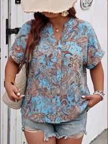 Weeklong Plus Size Paisley Print Notch Collar Casual Vacation Shirt - Multicolor - View 1