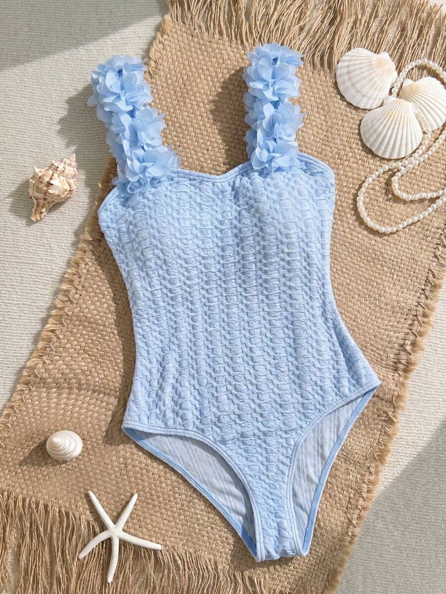 SHEIN 少女可爱蓝色碎花纹理连体泳衣,夏季 - 藍色 - 查看 1