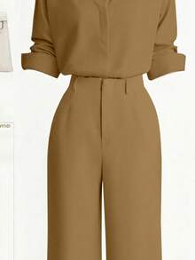 Zovinel New Button-Up Solid Color Shirt And Straight Leg Casual Pants Set - Khaki - View 3
