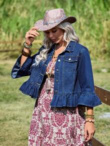 EMERY ROSE Women's 3/4 Sleeve Flare Cuff Single-Breasted Ruffle Hem Denim Jacket - Medium Wash - View 3