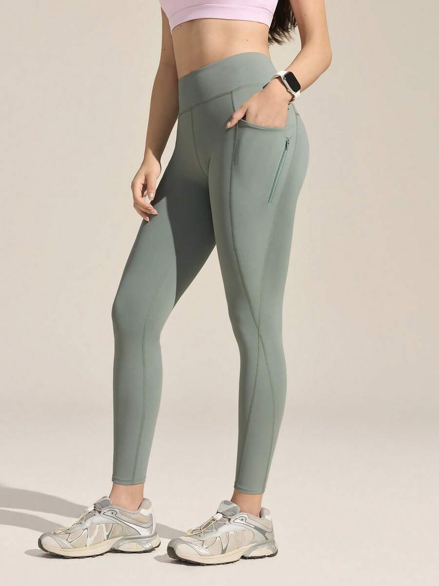 Gameset SHEIN Sport Women's Solid Color High Waist Pocketed Skinny Outdoor Pants - Green - View 1