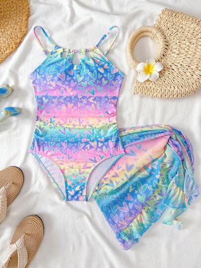 SHEIN Tween Girls 1-Piece Swimsuit, Dreamy Sweet Girl Style, Featuring Gradient Rainbow Color Base With Matching Printed 3D Heart Pattern, Halter Neck Straps Design, Cutout Front, Gradient Heart Mesh Skirt, 2-Piece Set, Fashionable, Casual, Elegant, Luxurious, Ladylike, Suitable For Swimming, Summer Vacation, Beach, Pool, Party, Holiday