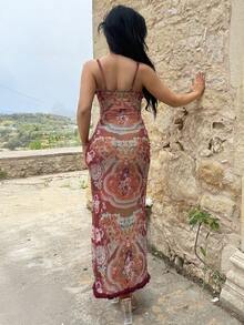 Vassilux Vestido midi de fiesta ajustado con estampado floral, sin mangas, con volantes y recortes - Marrón - Ver 2