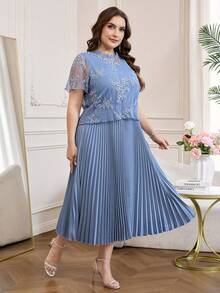 Reflora Abito da donna taglie forti con ricamo floreale plissettato casual per feste, abito estivo, abito per festival, abito da ospite di matrimonio, abito da laurea, abito da ballo elegante - Blu - Visualizzare 4