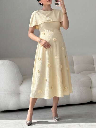 SHEIN Đầm bầu màu trơn cổ tròn họa tiết hoa 3D thanh lịch