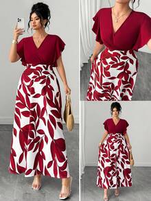 Elenzga Plus Size Women's Elegant White Leaf Pattern Ruffle Cap Sleeve Fitted Fla Dress, Spring/Summer Romantic Sundress, Wedding Vacation Party Guest Dress - Red - View 3