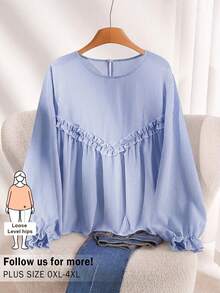 CosyJoli Blusa casual de talla grande con volantes y rayas, primavera/otoño - Azul y blanco - Ver 3