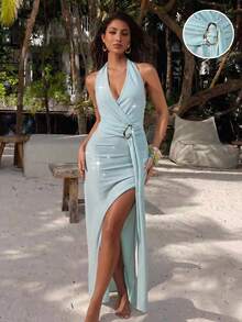 Optris Light Blue Summer 70s Beach Party Holiday Women's Tie-Dye Ombre Metal Decor Cutout High Slit Backless Maxi Dress,Boho Strapless Vacation Outfits - Blue - View 3