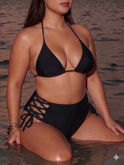 Swim SXY Quần bikini cạp cao buộc dây màu trơn dành cho nữ cỡ lớn