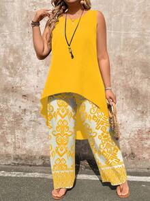 EMERY ROSE Plus Size 2 Pieces Set: Paisley Print Sleeveless Top And Wide Leg Pants Fall - Yellow - View 4