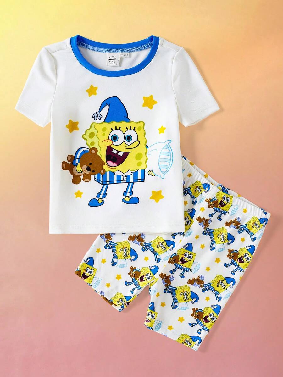 SpongeBob SquarePants | SHEIN 男婴卡通印花短袖上衣和短裤贴身睡衣套装,夏季 - 藍白色 - 查看 1
