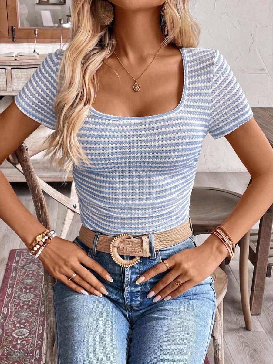 SHEIN Frenchy Women's Striped Contrast Color Pleated Basic Simple T-Shirt,Summer Top - Blue and White - View 1