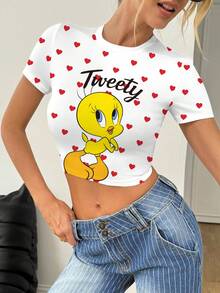 LOONEY TUNES X SHEIN Áo thun nữ thời trang, đa năng, cổ tròn, tay ngắn, in hình trái tim, ôm dáng. - trắng - Xem 4
