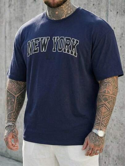 DAZY Navy Blue Letter Embroidered Plus Size Men T-Shirt, Short Sleeve