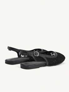 CUCCOO CHICEST Zapatos de mujer con punta cuadrada, suela plana, con tira de encaje negro y malla en la parte trasera. Zapatos planos elegantes, versátiles y cómodos para mujeres. - Negro - Ver 5