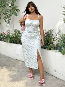 SHEIN EZwear 大码女式夏季沙滩度假碎花高开衩吊带连衣裙 - 彩色 - 查看 3
