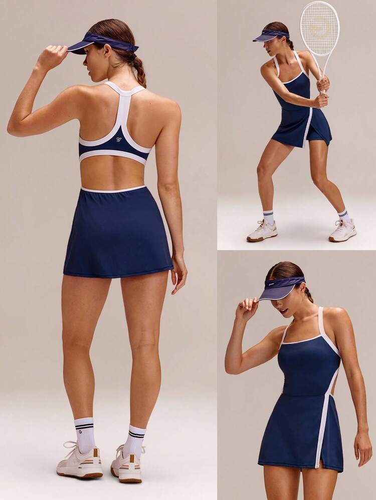 FeatherFit™-Air MatchGlow Contrast Trim Side Slit Racerback Tennis Golf Dress With Built-In Shorts Pockets Foam Cups Summer