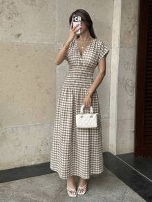 Elyressa Elegant Summer Long Woven Checkered Dress For Women - Brown - View 6
