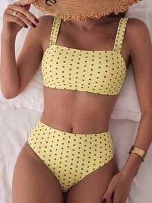 Swim Mod 女款夏季黃色波點比基尼套裝，熱帶海灘派對高腰泳褲 2 件組度假度假吊帶上衣泳裝 - 彩色 - 查看 3