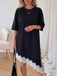 LUNE Vestido de talla media de manga corta con bajo asimétrico, de uso diario, de vacaciones y casual, de unicolor con parches de encaje, de moda básica para mujeres - Blanco y Negro - Ver 4