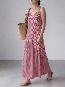 EMERY ROSE Women's Summer Casual French Holiday Style Colorblock Red And White Striped Print Loose Long Camisole Dress, Summer Dresses For Women And, Vacation - Red and White - View 6