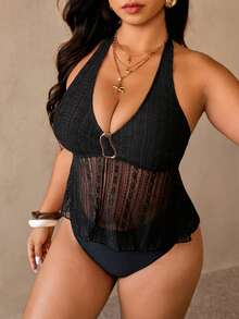 Auralis Plus Size Solid Color Tankini Swimwear Set - Black - View 5