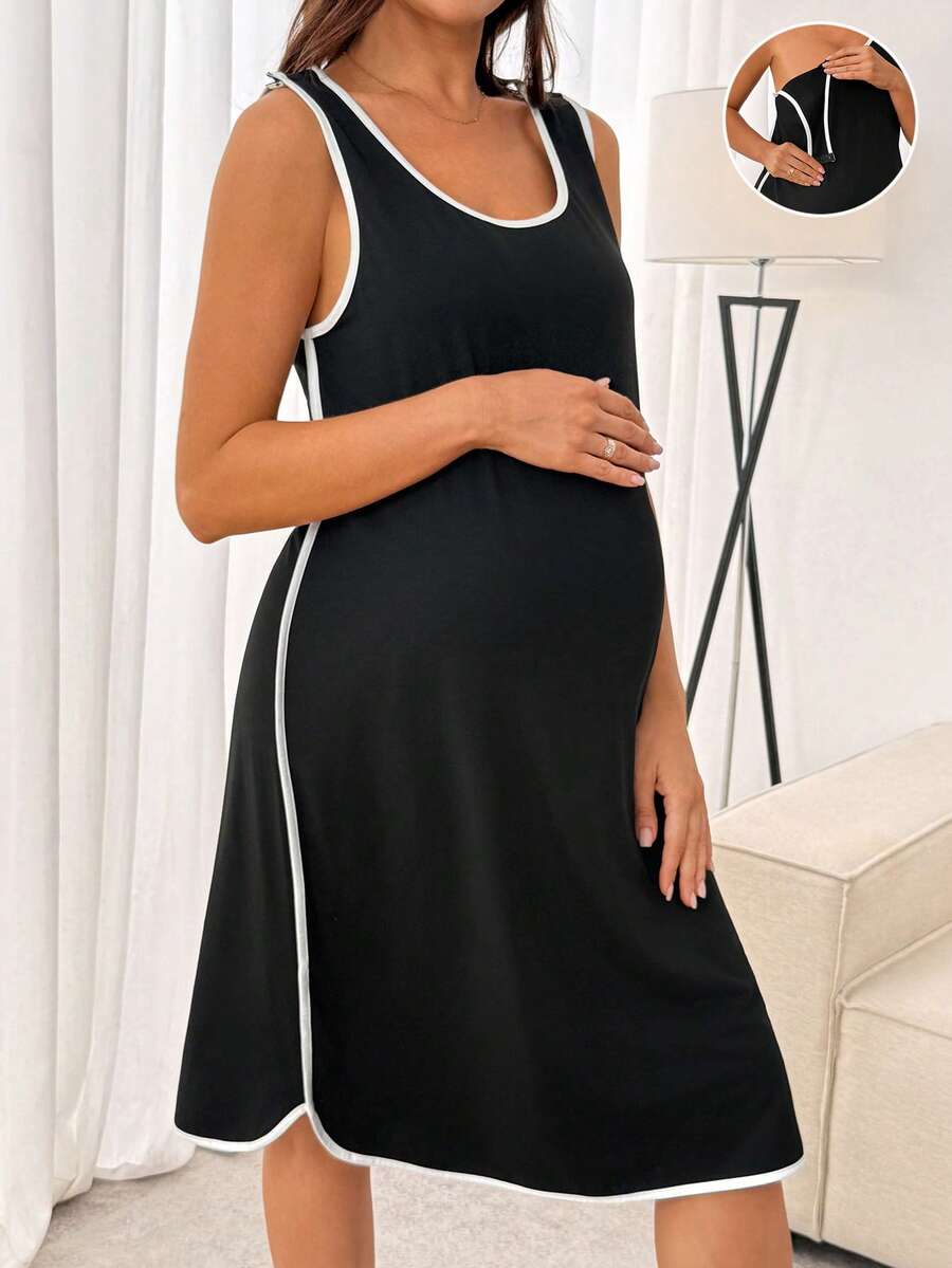 SHEIN 孕妇夏季撞色滚边肩部纽扣哺乳吊带裙 - 黑色 - 查看 1