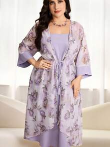 Modelyn Plus Size Women's Elegant Floral Print Tassel Belt Flare Sleeve Jacket And Spaghetti Strap Dress 2-Piece Set, Spring/Autumn Gym Brown - Multicolor - View 2