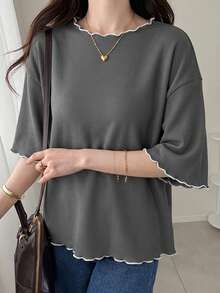 FRIFUL Women's Wavy Striped Loose Contrast Trim Short Sleeve T-Shirt, Summer Casual Wear - Grey - View 3