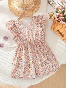 SHEIN Vintaside Kids 2025夏季新款女童碎花荷葉袖V領收腰露背A字洋裝，鄉村風時尚少女裙 - 粉色 - 查看 2