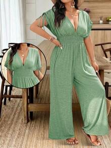 Weeklong Plus Size V-Neck Soft Knit Adjustable Shoulder Jumpsuit With Drawstring Waist, Casual & Comfortable For Outdoor & Holiday - Mint Green - View 1
