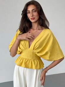 Aloruh Women's Solid Color V-Neck Pleated Design Batwing Sleeve Blouse,Summer Top - Light Yellow - View 3