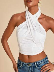 Travachic Solid Color Halter Cropped Top For Women, Spring/Summer Vacation - White - View 7