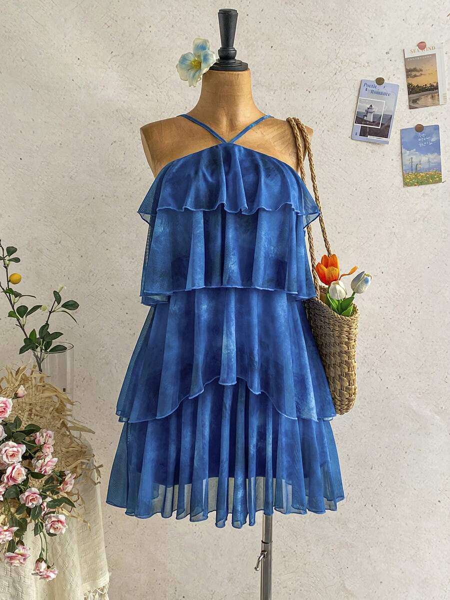 Soleia 新款优雅浪漫婚礼宾客纯色露背多层荷叶边雪纺迷你连衣裙,适合波西米亚风、浪漫花卉主题、度假、花卉派对、约会、情人节、复活节、狂欢节、下午茶、海滩、邮轮、城市街头假日等场合。 - 彩色 - 查看 1